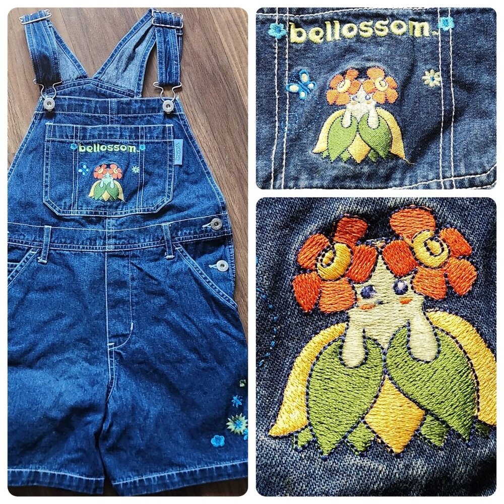 Vintage 90s Pokemon Bellossom Embroidered Denim Overalls Girls 7/8 Kawaii